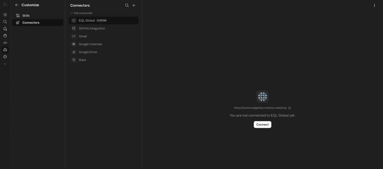 Add connector modal with Name and Remote MCP Server URL fields